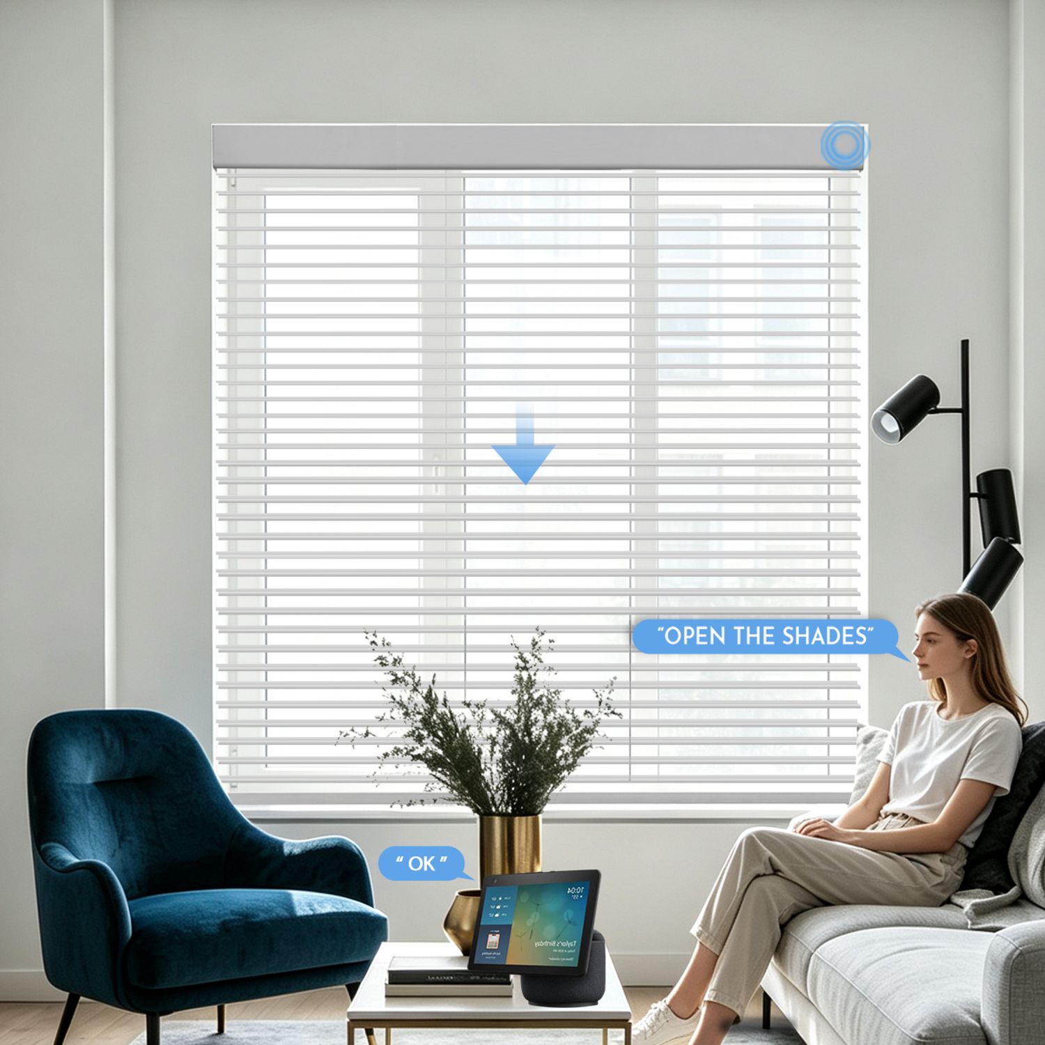 Motorized light filtering Shangri-La shades for living room