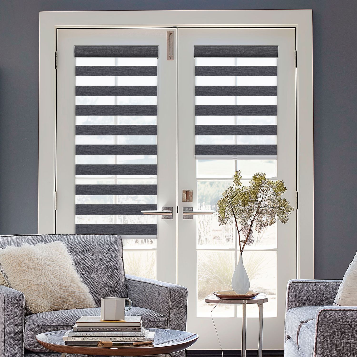 Persilux Gray Dual-Layer Zebra Blackout Shades f for patio doors