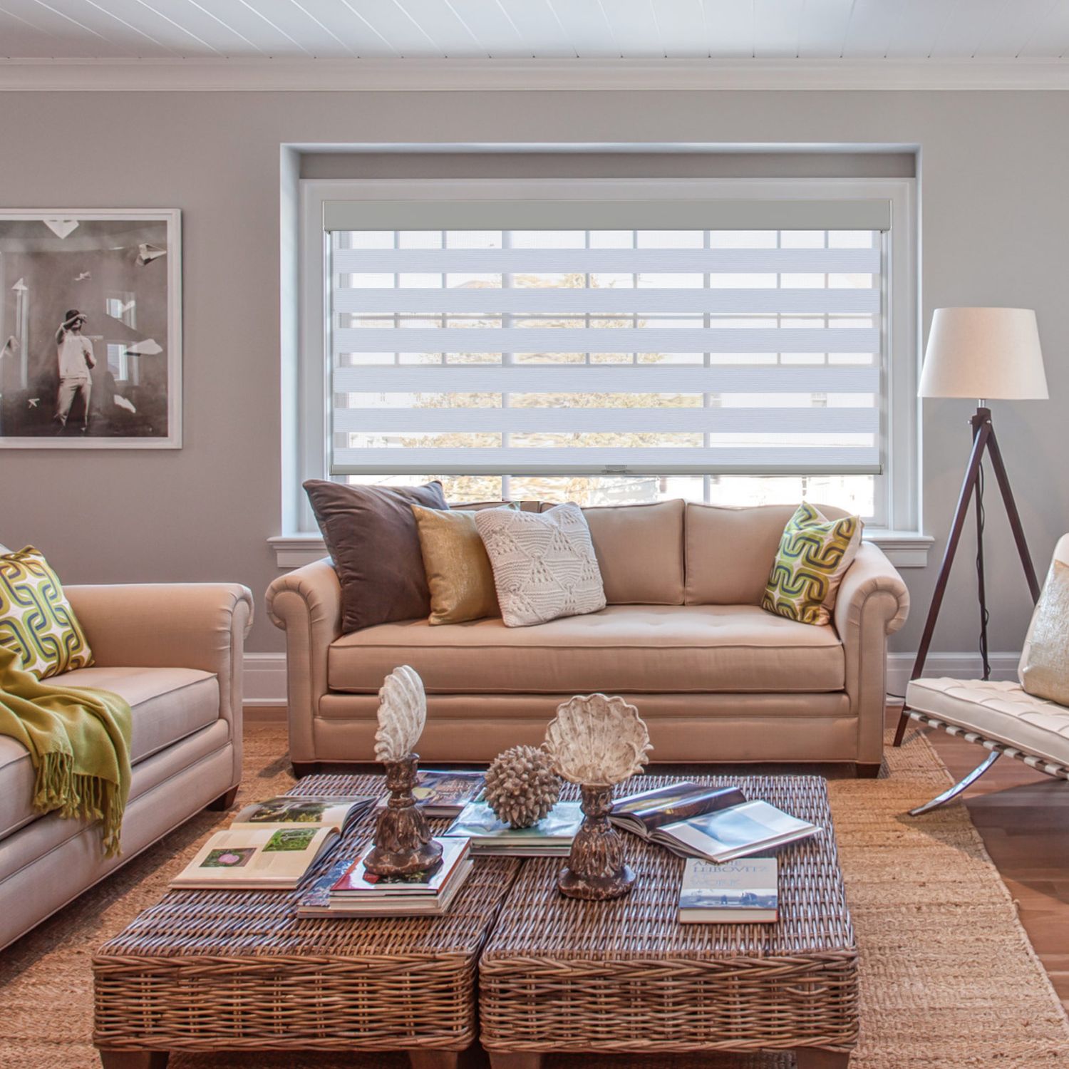 Persilux White Dual-Layer Zebra Blackout Blinds for living room