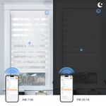 Smart motorized zebra shades with sunrise and sunset automation, transitioning from open during daytime to closed at night for privacy and energy efficiency