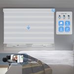 Automated dual layer zebra window shades in a cozy bedroom, showing smart scheduling and weather-based control for optimal sleep environment