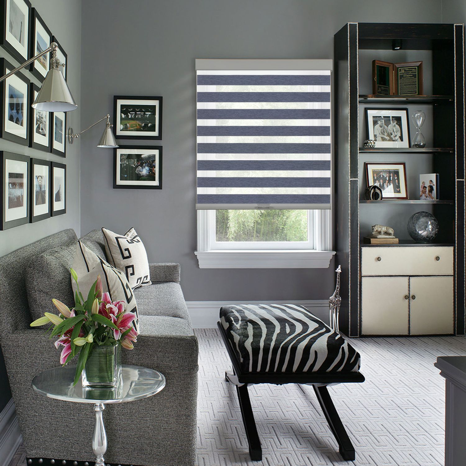 Persilux Gray Dual-Layer Zebra Blackout Blinds
