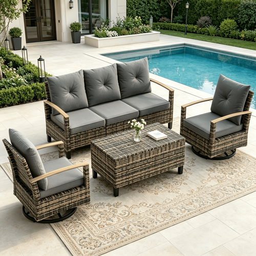 ELPOSUN Outdoor Patio Furniture Sets, 5 Pieces Outdoor Wicker Conversation Set with Swivel Chairs and Storage Table for Garden Poolside Backyard, Yell