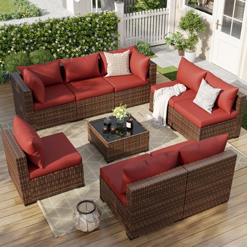 ELPOSUN 9 Pieces Patio Furniture Set All Weather Outdoor Sectional Sofa, Outdoor Modern Sectional Furniture Wicker Couch with Glass Coffee Table, Thic