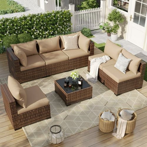 ELPOSUN 7 Pieces Patio Furniture Set All Weather Outdoor Sectional Sofa, Outdoor Modern Sectional Furniture Wicker Couch with