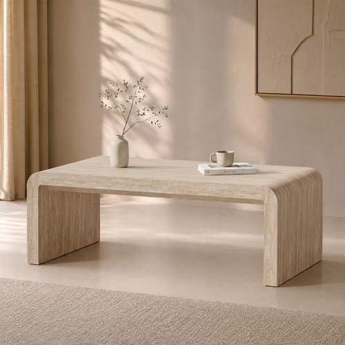 Gelloan 47" Mid Century Modern Rectangular Coffee Table, Large Center Table with Rounded Edges for Living Room, Travertine