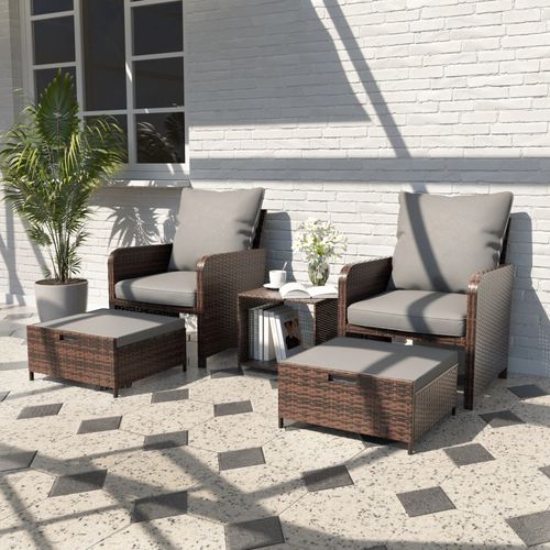 ELPOSUN 5 Piece Patio Furniture Set, Outdoor Patio Conversation Rattan Chair with Ottomans w/Storage Coffee Table for Patio, Space Saving Design for B