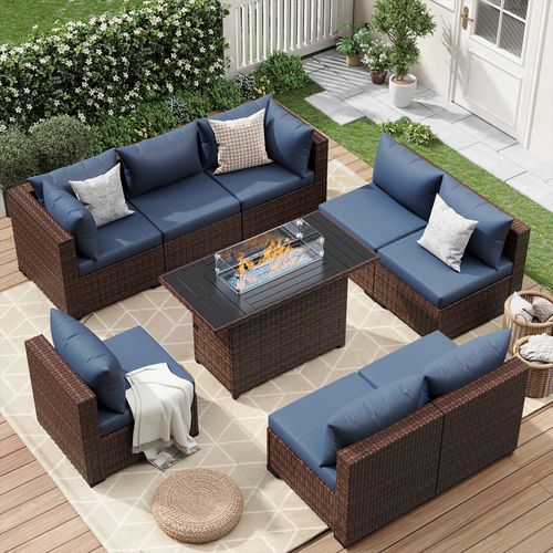 ELPOSUN 9 Pieces Patio Furniture Set All Weather Outdoor Sectional Sofa, Outdoor Modern Sectional Furniture Wicker Couch with Fire Pit Table, Thicken