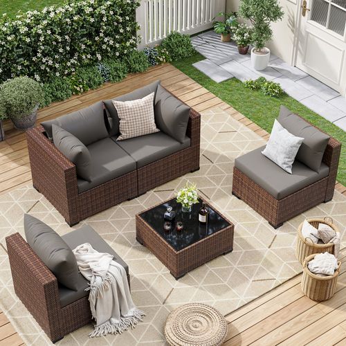 ELPOSUN 5 Pieces Patio Furniture Set All Weather Outdoor Sectional Sofa, Outdoor Modern Sectional Furniture Wicker Couch with Glass Coffee Table, Thic