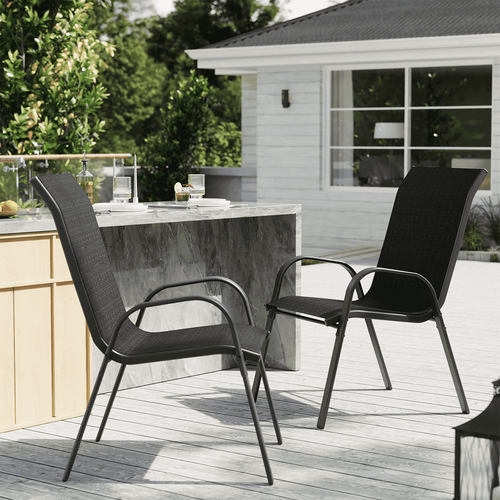ELPOSUN Patio Chairs Set of 2, Outdoor Stackable Dining Chairs for All Weather, Breathable Garden Outdoor Furniture for Backyard Deck, Black