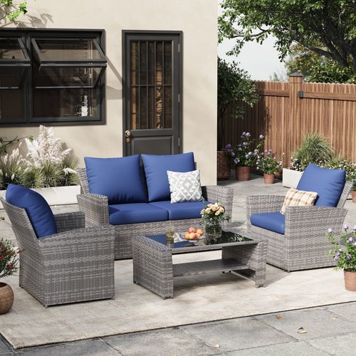 ELPOSUN Wicker Patio Furniture Set Outdoor Sectional Sofa 4-Piece with Gray PE Rattan, Navy Blue