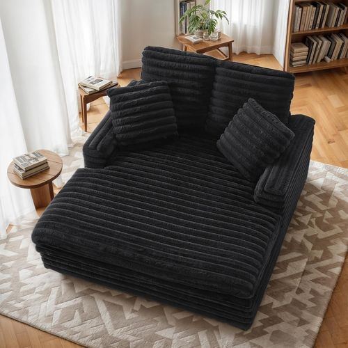 Gelloan Oversized Chaise Lounge Chair Indoor, Upholstered Sofa Bed with Throw Pillows and Armrests, Sleeper Chair for Living Room, Bedroom,Black