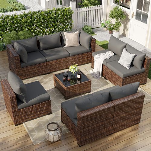ELPOSUN 9 Pieces Patio Furniture Set All Weather Outdoor Sectional Sofa, Outdoor Modern Sectional Furniture Wicker Couch with Glass Coffee Table, Thic