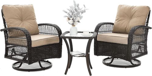 ELPOSUN 3 Pieces Patio Furniture Set, Outdoor Swivel Gliders Rocker, Wicker Patio Bistro Set with Rattan Rocking Chair, Glass Top Side Table and Thick