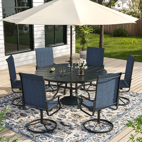 ELPOSUN 7 Piece Outdoor Patio Dining Set Swivel High Back Textilene Chairs and Round Table Furniture Set,Navy