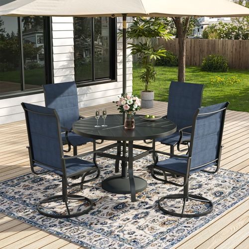 ELPOSUN 5 Piece Outdoor Patio Dining Set Swivel High Back Textilene Chairs and Round Table Furniture Set,Navy