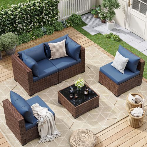 ELPOSUN 5 Pieces Patio Furniture Set All Weather Outdoor Sectional Sofa, Outdoor Modern Sectional Furniture Wicker Couch with Glass Coffee Table, Thic