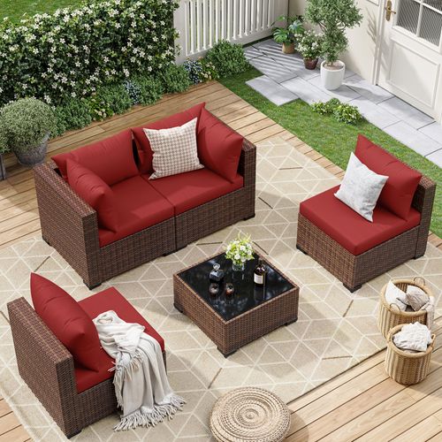 ELPOSUN 5 Pieces Patio Furniture Set All Weather Outdoor Sectional Sofa, Outdoor Modern Sectional Furniture Wicker Couch with Glass Coffee Table, Thic