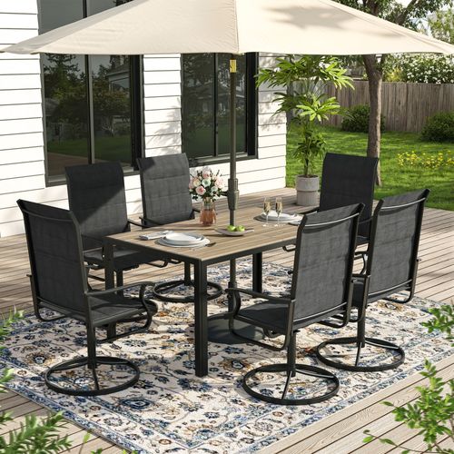 ELPOSUN 7 Piece Outdoor Patio Dining Set Swivel High Back Padded Textilene Chairs and Rectangle Brown Table Furniture Set,Black