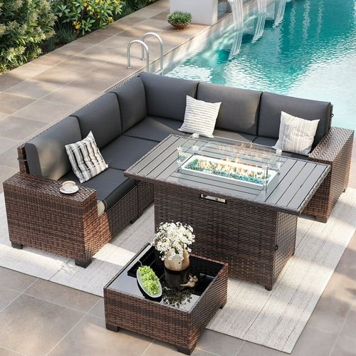 ELPOSUN Outdoor Sectional Furniture Set with Fire Pit Table, 7-Piece Brown Rattan Wicker Conversation Sofa Set for Porch Garden Backyard Balcony,Gray