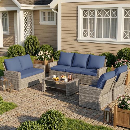 ELPOSUN Wicker Patio Furniture Set, 7 Piece Outdoor Sectional Conversation Sets, Gray PE Rattan Patio Sofa Set for Balcony, Porch, Backyard, Blue