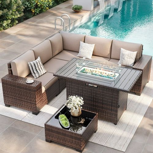 ELPOSUN Outdoor Sectional Furniture Set with Fire Pit Table, 7-Piece Brown Rattan Wicker Conversation Sofa Set for Porch Garden Backyard Balcony,Beige