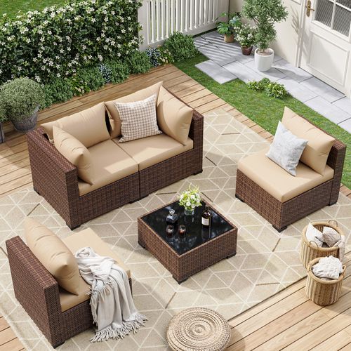 ELPOSUN 5 Pieces Patio Furniture Set All Weather Outdoor Sectional Sofa, Outdoor Modern Sectional Furniture Wicker Couch with Glass Coffee Table, Thic