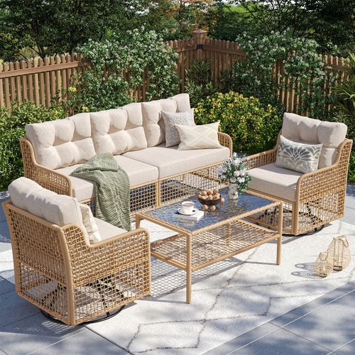 ELPOSUN 5-Seat Outdoor Patio Furniture Set, Wicker Rattan Outdoor Furniture Set with Swivel Chairs & All-Weather Thickened Cushions for Garden, Porch,