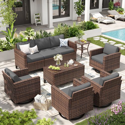 ELPOSUN Patio Furniture 10 Peces Wicker Outdoor Sectional Sofa Sets, Rattan Conversation Set with Storage Table, Swivel Chairs for Backyard, Pool, Gre