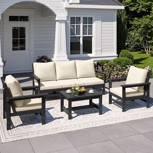 ELPOSUN HDPE Patio Conversation Set, 6-Peice outdoor furniture set, All Weather Outdoor Couch Set with Coffee Table, Black Frame with Beige Cushions