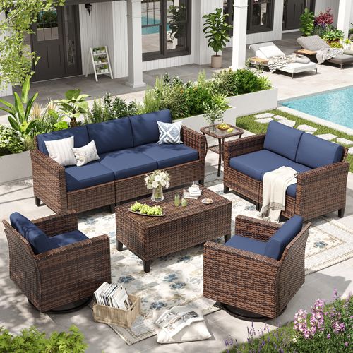 ELPOSUN Patio Furniture 9 Pieces Rocking Swivel Chairs,Wicker Rattan Outdoor Sectional Sofa Sets, Rattan Conversation Set with Storage Table for Backy