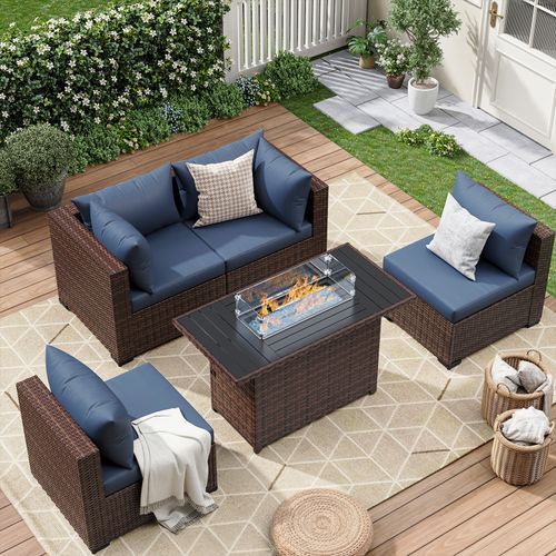 ELPOSUN 5 Pieces Patio Furniture Set All Weather Outdoor Sectional Sofa, Outdoor Modern Sectional Furniture Wicker Couch with Fire Pit Table, Thicken