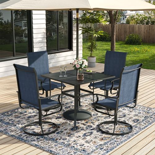 ELPOSUN 5 Piece Outdoor Patio Dining Set Swivel High Back Textilene Chairs and Square Table Furniture Set,Navy