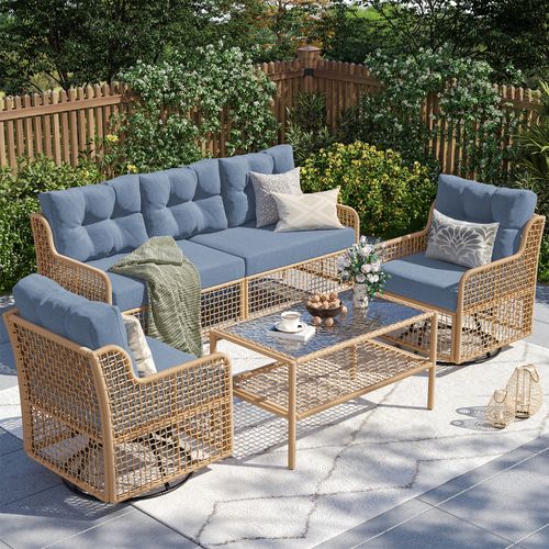 ELPOSUN 5-Seat Outdoor Patio Furniture Set, Wicker Rattan Outdoor Furniture Set with Swivel Chairs & All-Weather Thickened Cushions for Garden, Porch,