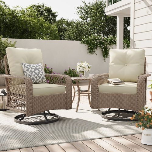 ELPOSUN 3 Pieces Patio Furniture Set, Outdoor Swivel Gliders Rocker, Wicker Patio Bistro Set with Rattan Rocking Chair, Glass Top Side Table and Thick