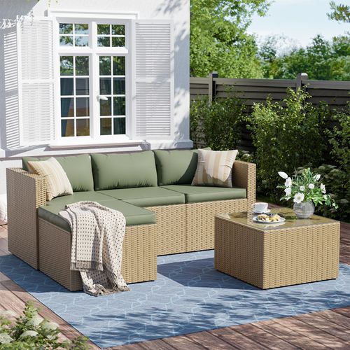 ELPOSUN 3-Piece Patio Furniture Set,Patio Conversation Set All-Weather Wicker Outdoor Sectional Sofa Set with Table & Cushions, Yellow/Green