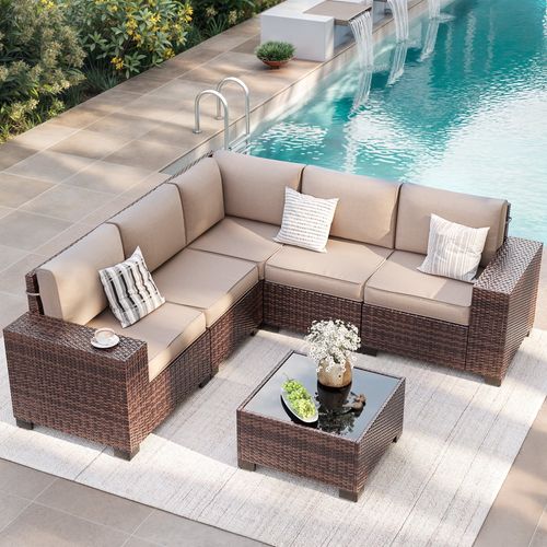 ELPOSUN Outdoor Sectional Furniture Set 6-Piece Brown Rattan Wicker Conversation Sofa Set with Glass Top Table and Waterproof Covers,Beige Cushions