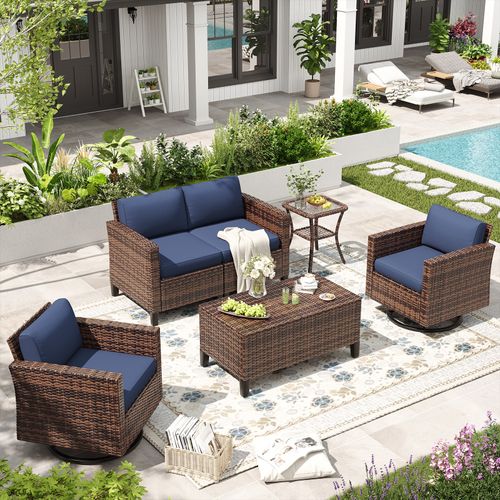 ELPOSUN Outdoor Patio Furniture Set,Rattan outdoor Conversation Set,6 Pieces Wicker Rattan Sectional Furniture with Rocking Swivel Chair for Backyard,