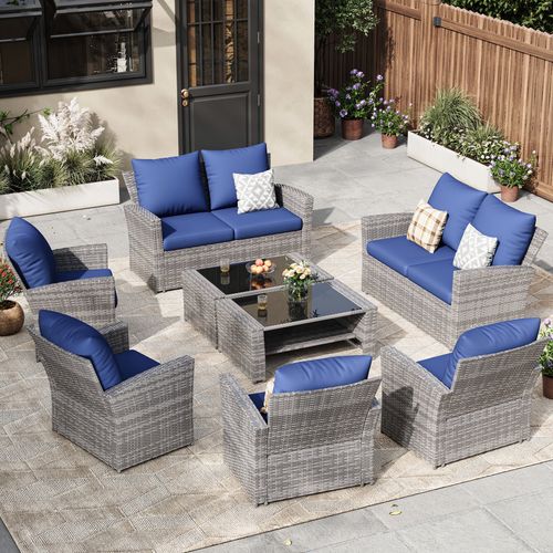 ELPOSUN Wicker Patio Furniture Set Outdoor Sectional Sofa 8-Piece with Gray PE Rattan, Navy Blue