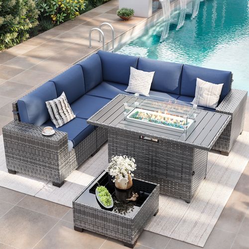 ELPOSUN Outdoor Sectional Furniture Set with Fire Pit Table, 7-Piece Gray Rattan Wicker Conversation Sofa Set for Porch Garden Backyard Balcony,Blue