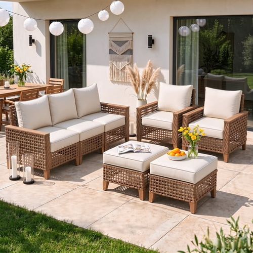 ELPOSUN 5-Piece Patio Furniture Set, All-Weather Open-Weave Wicker Outdoor Conversation Set, Thick Waterproof Cushions, for Garden and Backyard, Yello
