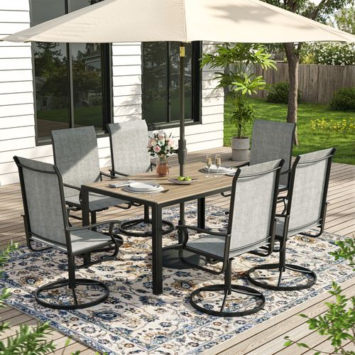 ELPOSUN 7 Piece Outdoor Patio Dining Set Swivel High Back Textilene Chairs and Rectangle Brown Table Furniture Set,Light Gray