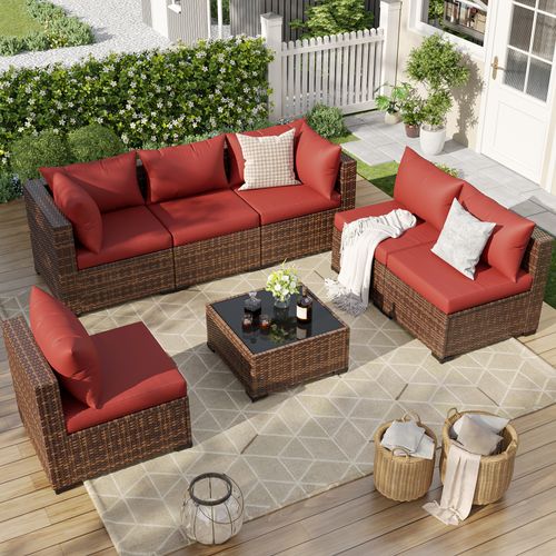 ELPOSUN 7 Pieces Patio Furniture Set All Weather Outdoor Sectional Sofa, Outdoor Modern Sectional Furniture Wicker Couch with Glass Coffee Table, Thic