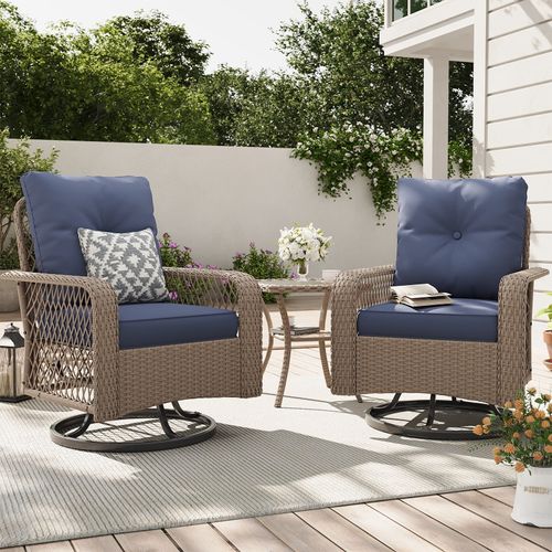 ELPOSUN 3 Pieces Patio Furniture Set, Outdoor Swivel Gliders Rocker, Wicker Patio Bistro Set with Rattan Rocking Chair, Glass Top Side Table and Thick