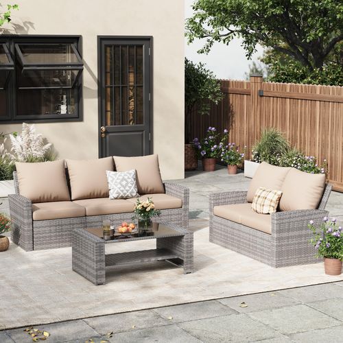 ELPOSUN 6 Piece Outdoor Sectional Conversation Sets, Gray PE Rattan Patio Sofa Set for Balcony, Porch, Backyard, Blue