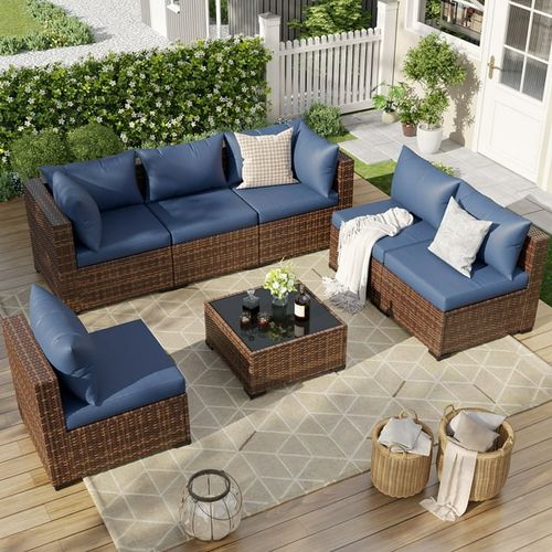 ELPOSUN 7 Pieces Patio Furniture Set All Weather Outdoor Sectional Sofa, Outdoor Modern Sectional Furniture Wicker Couch with Glass table