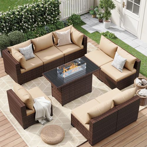 ELPOSUN 9 Pieces Patio Furniture Set All Weather Outdoor Sectional Sofa, Outdoor Modern Sectional Furniture Wicker Couch with Fire Pit Table, Thicken
