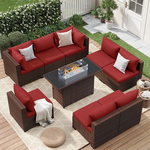 ELPOSUN 9 Pieces Patio Furniture Set All Weather Outdoor Sectional Sofa, Outdoor Modern Sectional Furniture Wicker Couch with Fire Pit Table, Thicken