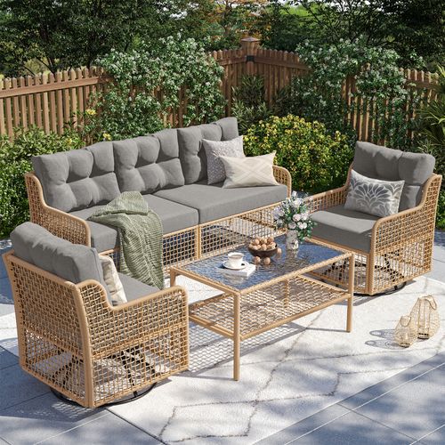 ELPOSUN 5-Seat Outdoor Patio Furniture Set, Wicker Rattan Outdoor Furniture Set with Swivel Chairs & All-Weather Thickened Cushions for Garden, Porch,
