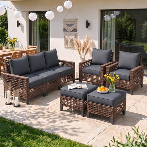 ELPOSUN 5-Piece Patio Furniture Set, All-Weather Open-Weave Wicker Outdoor Conversation Set, Thick Waterproof Cushions, for Garden and Backyard, Brown